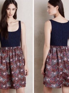 Anthropologie Weston Navy Lace Bodice Floral Skirt Dress